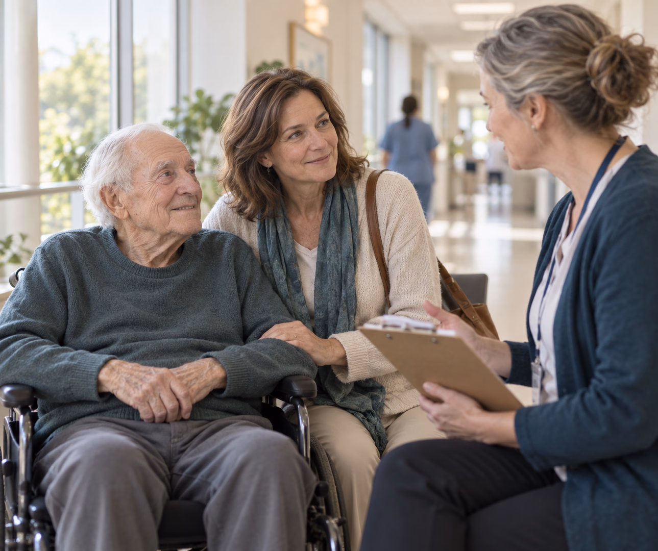 Älterer Mann im Rollstuhl mit Tochter im Gespräch mit dem Kliniksozialdienst