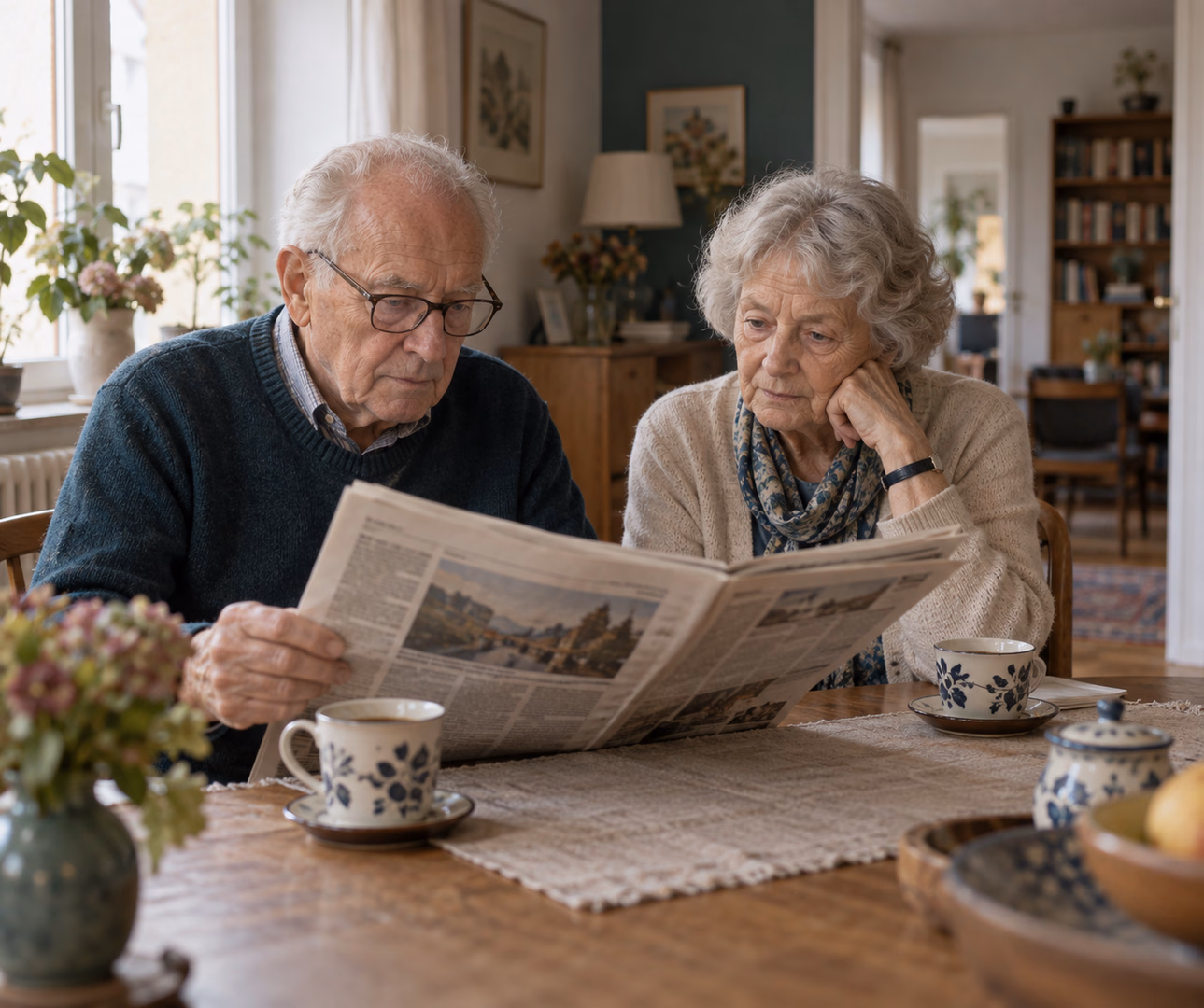 Älteres Ehepaar liest gemeinsam die Zeitung am Esstisch