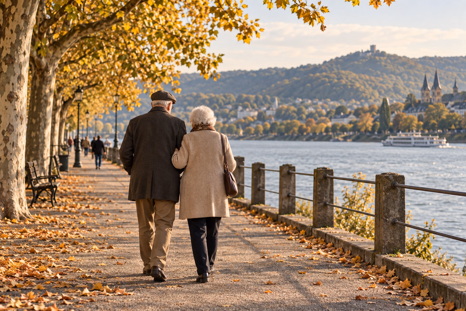 Älteres Paar spaziert Arm in Arm an der herbstlichen Rheinpromenade in Bonn